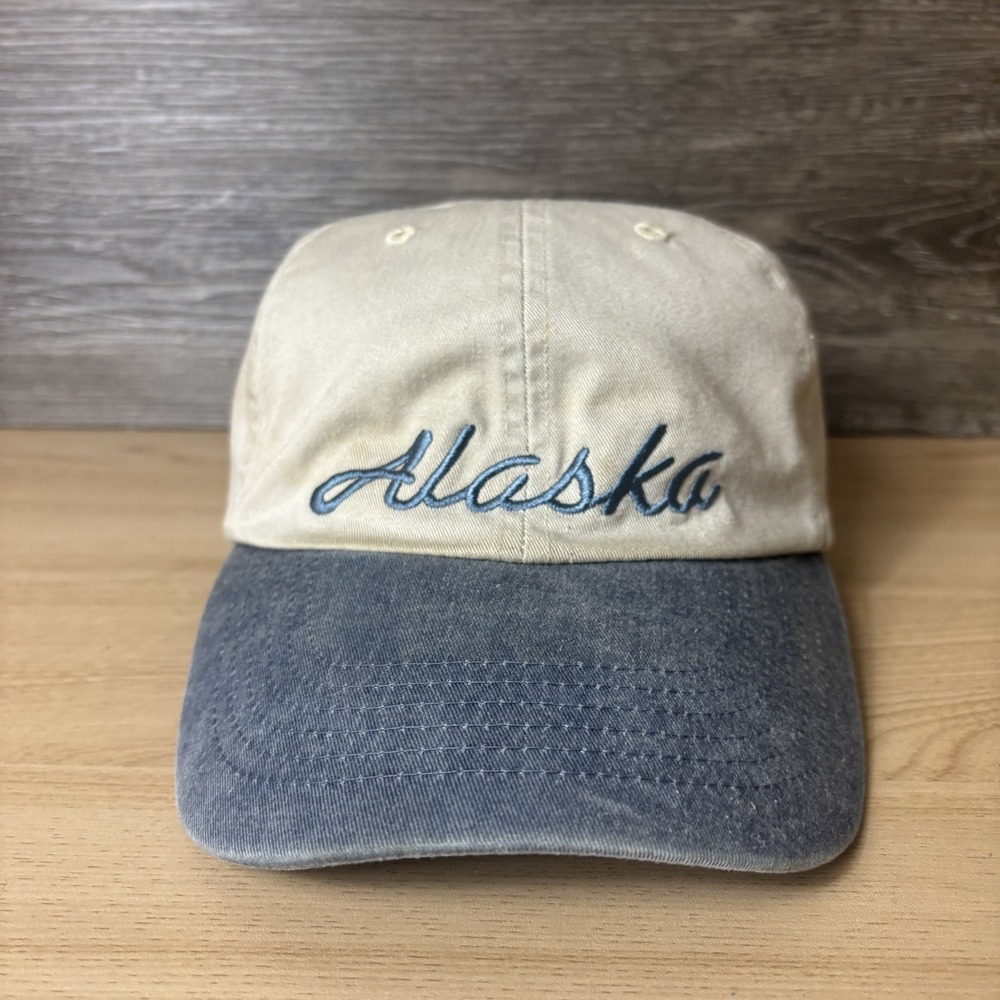 Vintage Alaska Hat Cap Strap Back Beige Blue Embroidered Souvenir Mens Outdoors